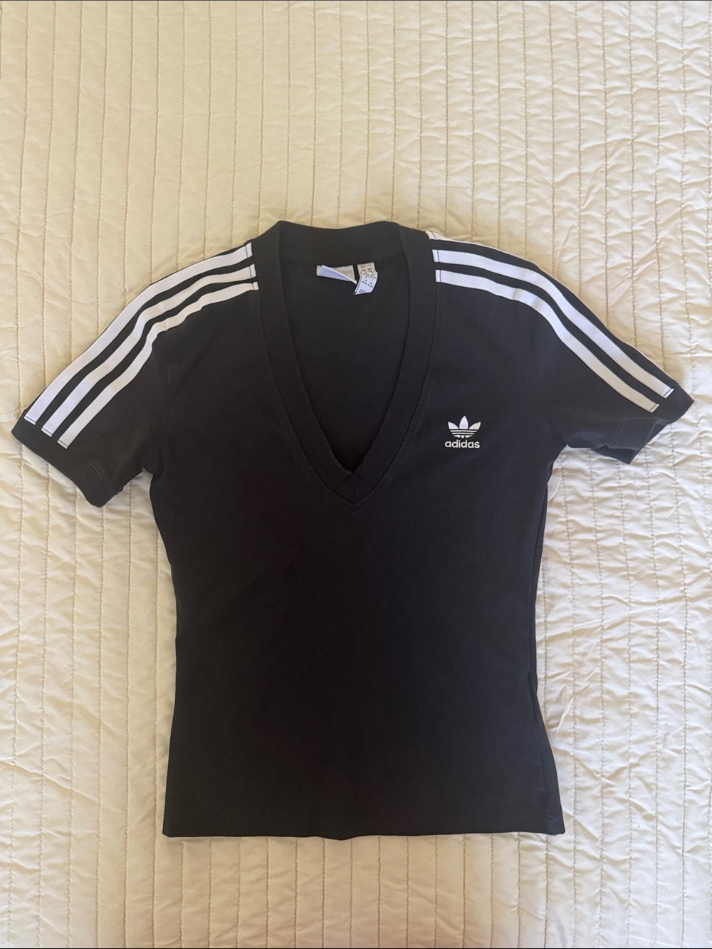 adidas Black V-Neck Tee with White Shoulder Stripes